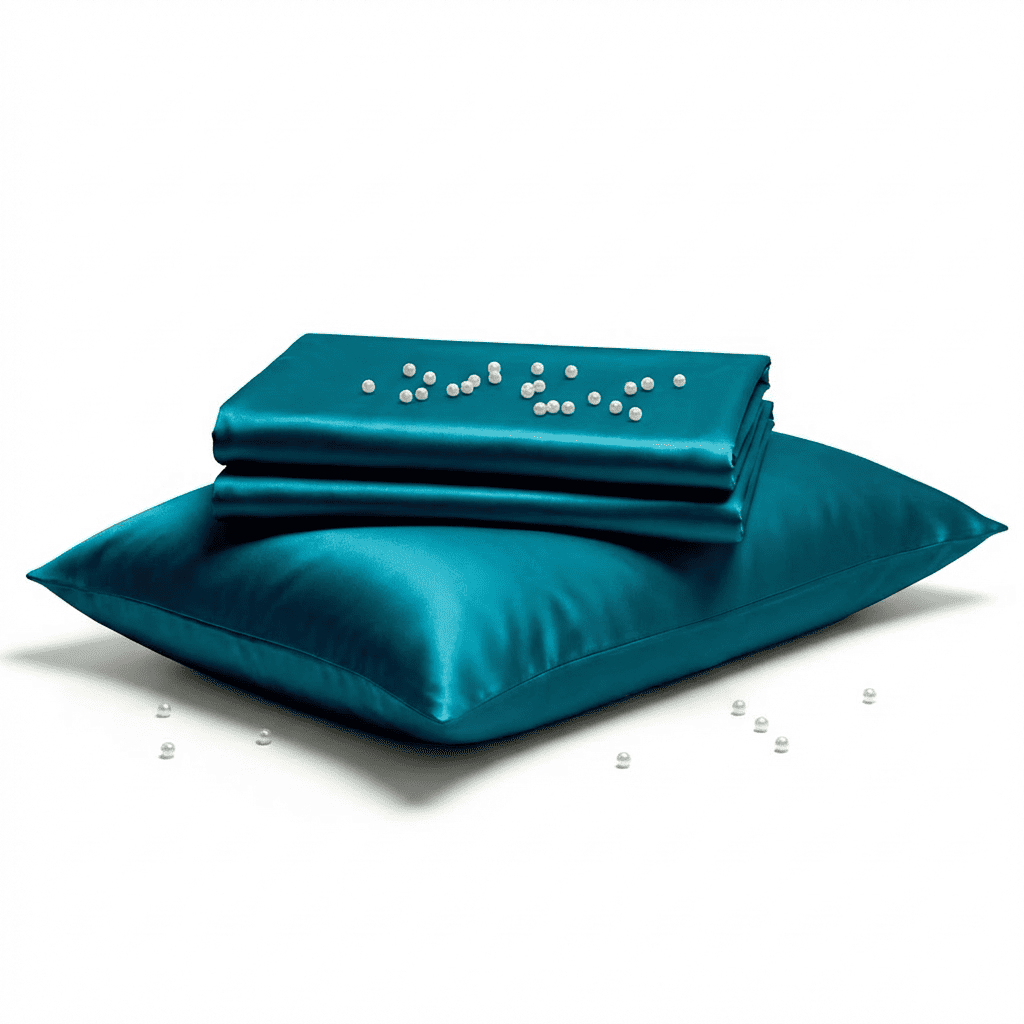 Teal satin pillow and cover on a white background