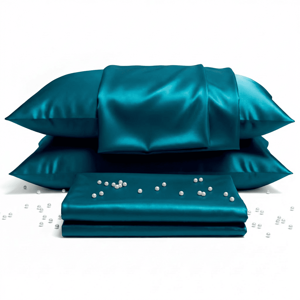 Teal satin pillowcases with pearls on a white background