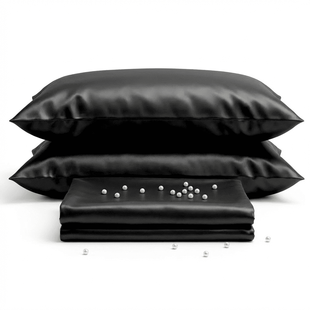 Black satin pillowcases with a white background