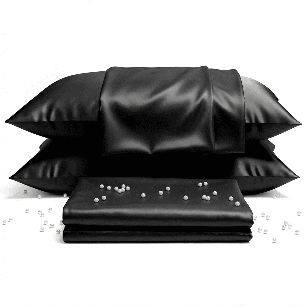 Black satin pillowcases with pearls on a white background