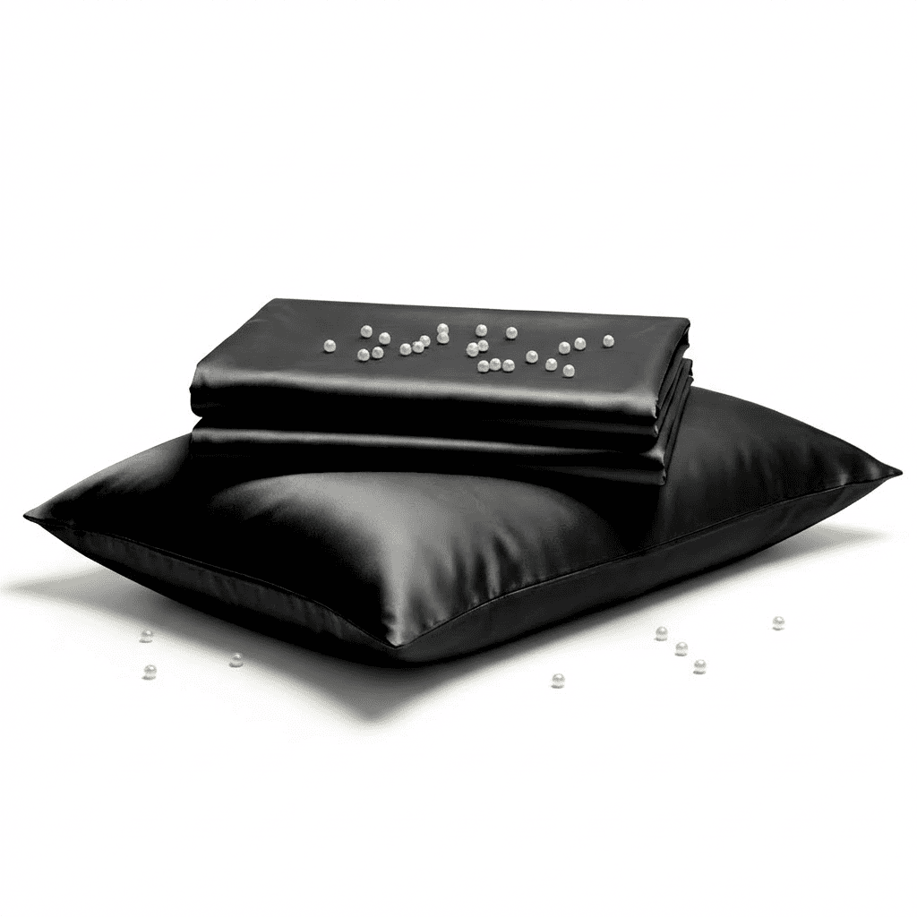 Black satin pillow and pillowcase on a white background