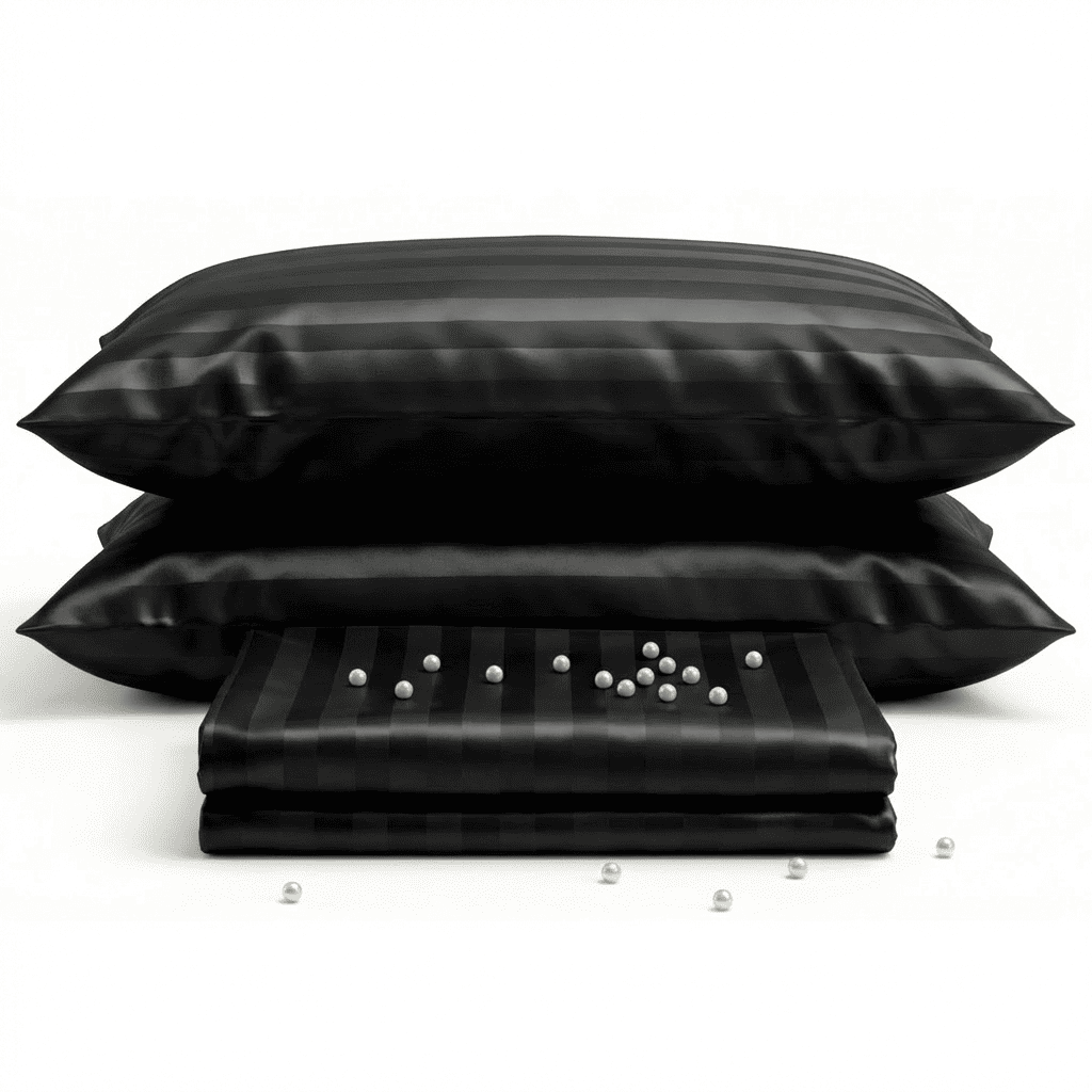 Black satin pillowcases with a small pillow on a white background