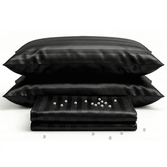 Black satin pillowcases with a small pillow on a white background