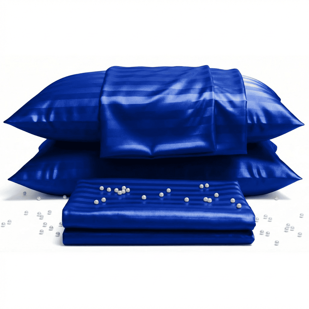 Blue satin pillowcases and a matching mattress cover with pearls on a white background
