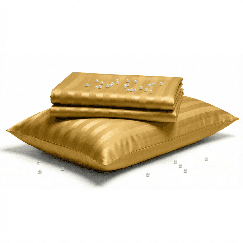 Gold satin pillow and folded sheet on a white background