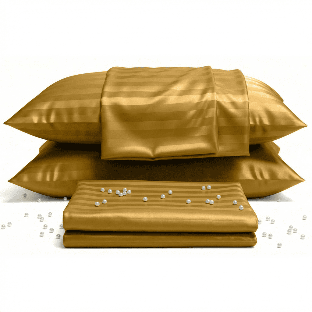 Gold satin sheet set with folded blanket and scattered pearls on a white background