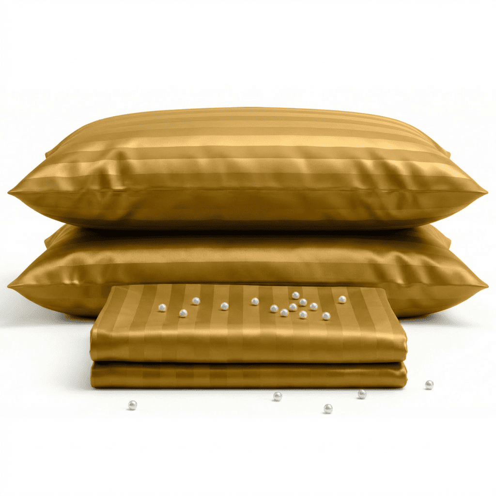 Gold satin pillows and a folded gold satin sheet on a white background
