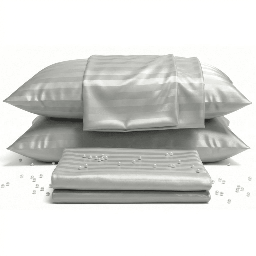 Set of silver satin pillows and a sheet on a white background