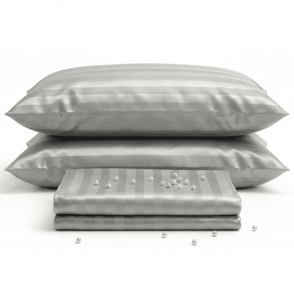Gray satin pillowcases with a subtle pattern on a white background