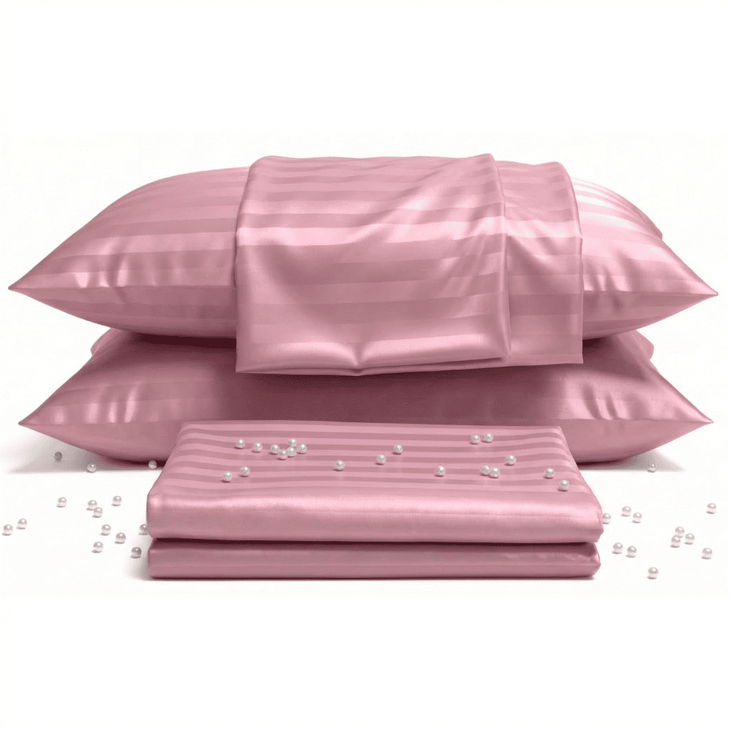 Pink satin pillowcases and sheet set with pearls on a white background