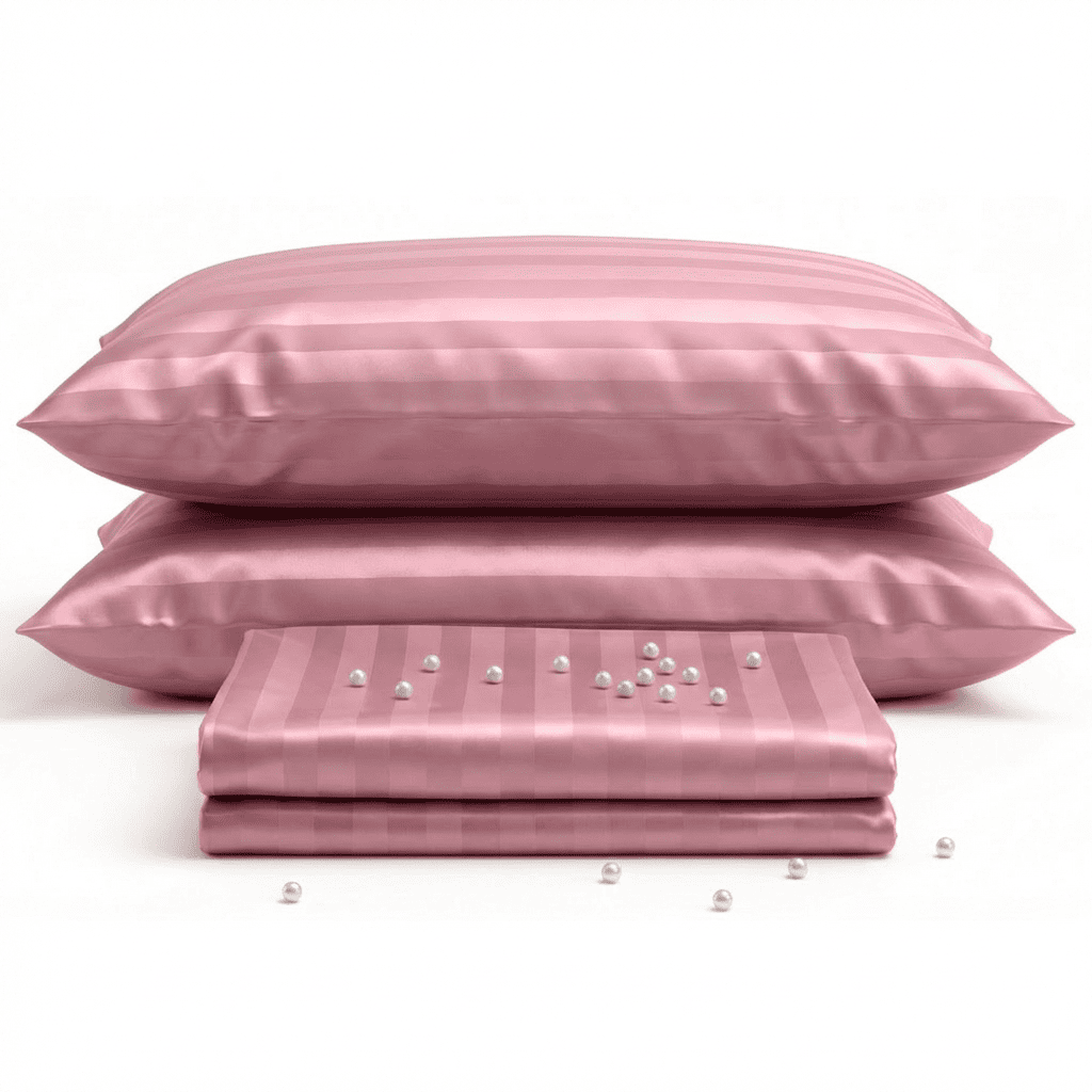Pink satin pillowcases and sheet set on a white background