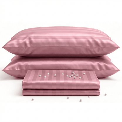 Pink satin pillowcases and sheet set on a white background