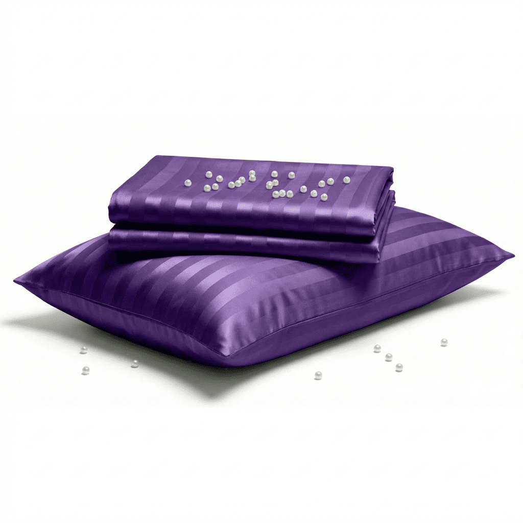 Purple satin pillow and pillowcase set on a white background