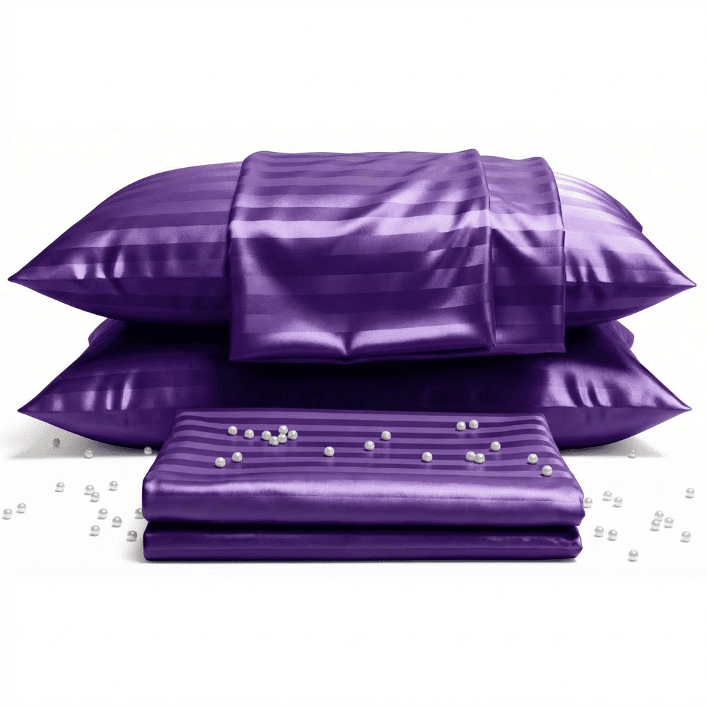 Purple satin pillows and a sheet with pearls on a white background