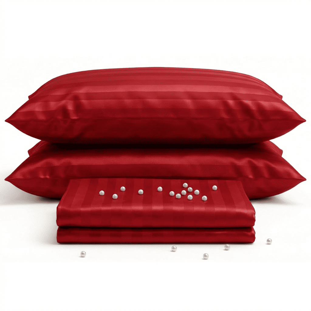 Red satin pillowcases and a folded red satin sheet on a white background