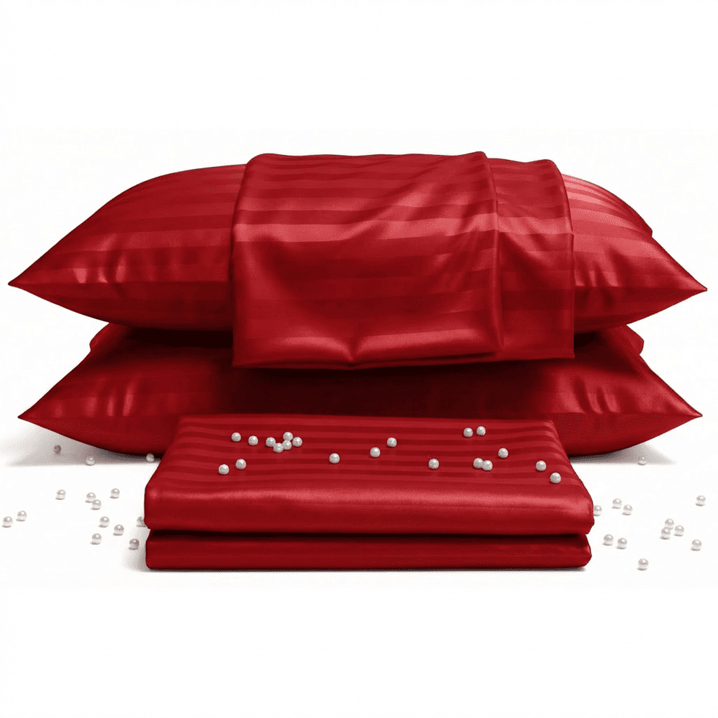 Red satin pillowcases and a folded red satin sheet with pearls on a white background