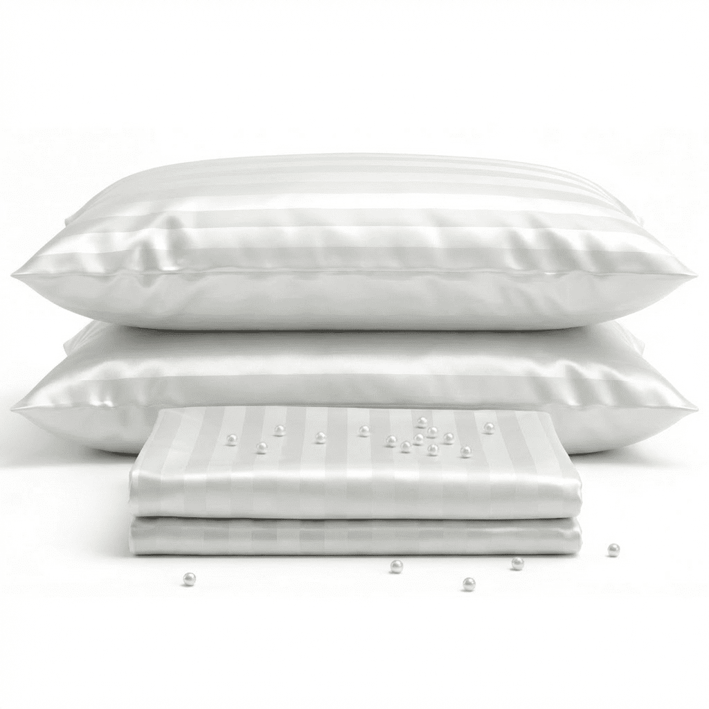 White satin pillowcases stacked on a white background