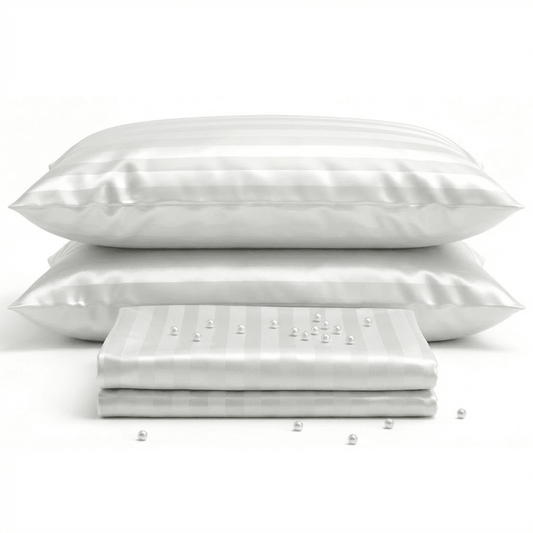 White satin pillowcases stacked on a white background