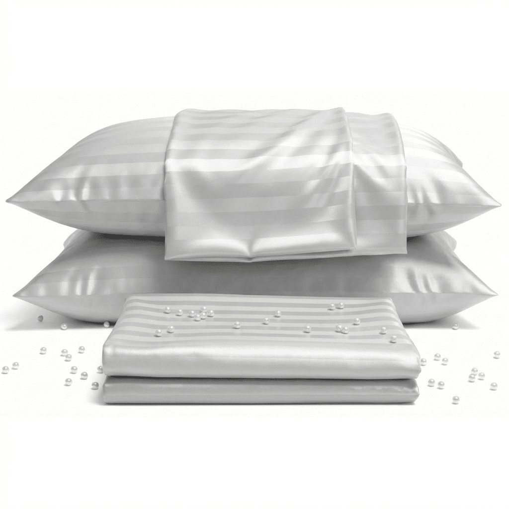 Set of white satin pillows and a sheet on a white background