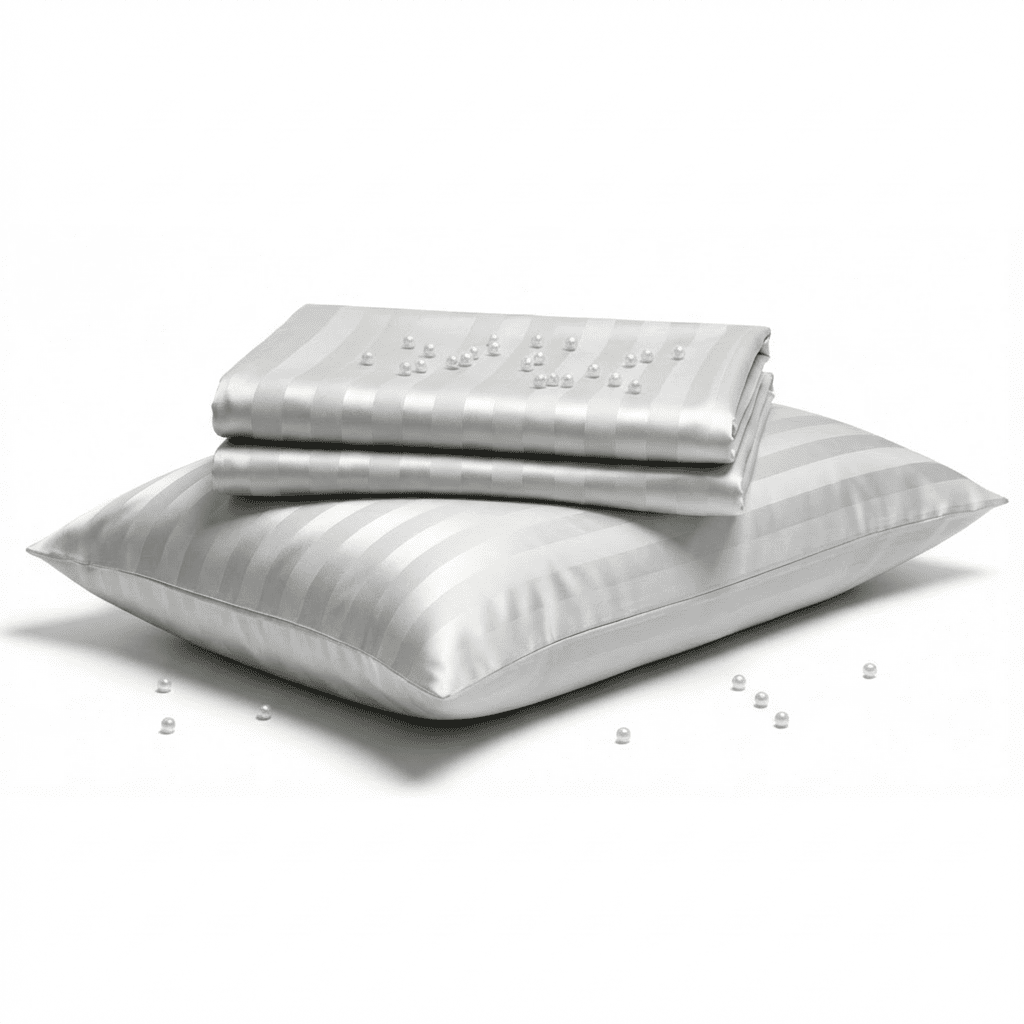 Silver striped bed sheet set with two pillows on a white background