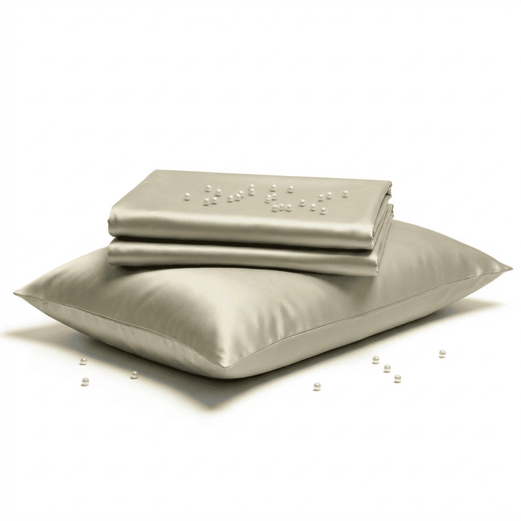 Set of light gray bedding including a fitted sheet, flat sheet, and pillow on a white background.