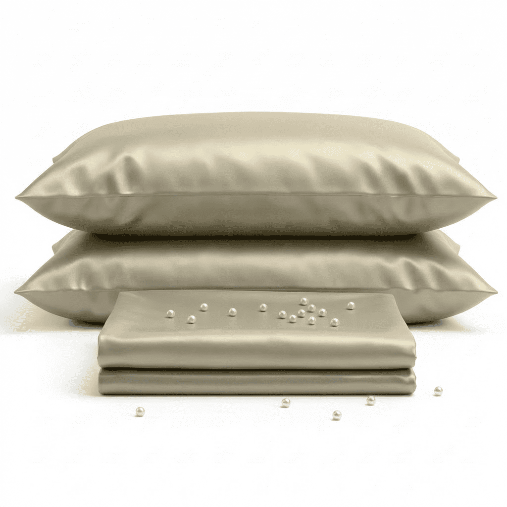 Beige satin pillowcases and fabric on a white background