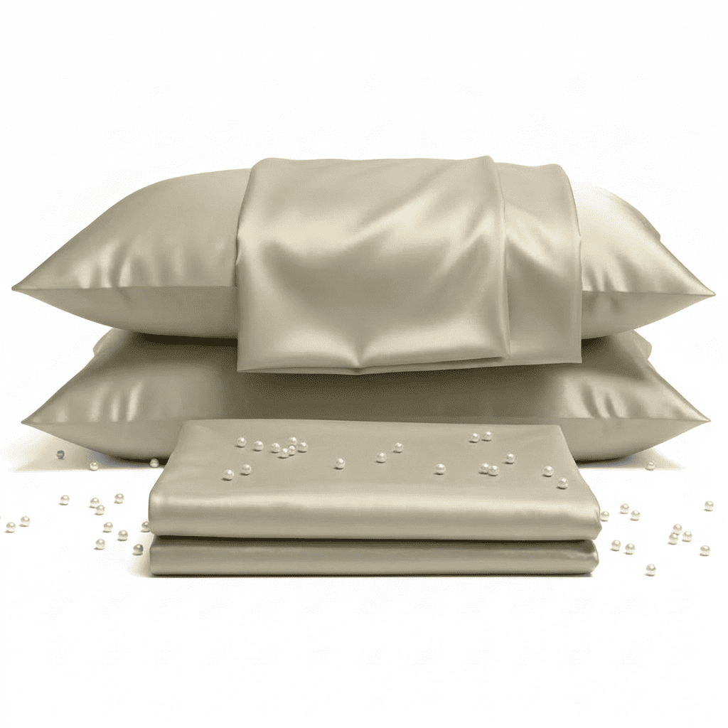 Beige satin pillowcases and sheet set on a white background