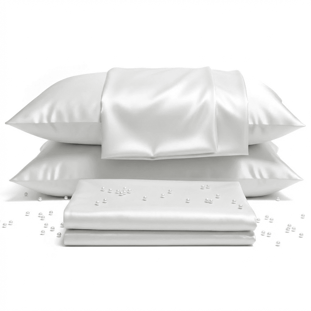 White satin pillowcases and a white satin sheet on a white background