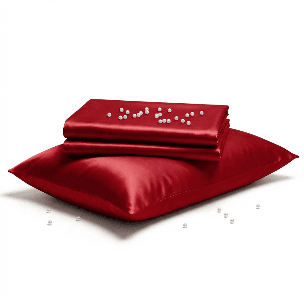 Red satin pillowcase and folded sheet on a white background