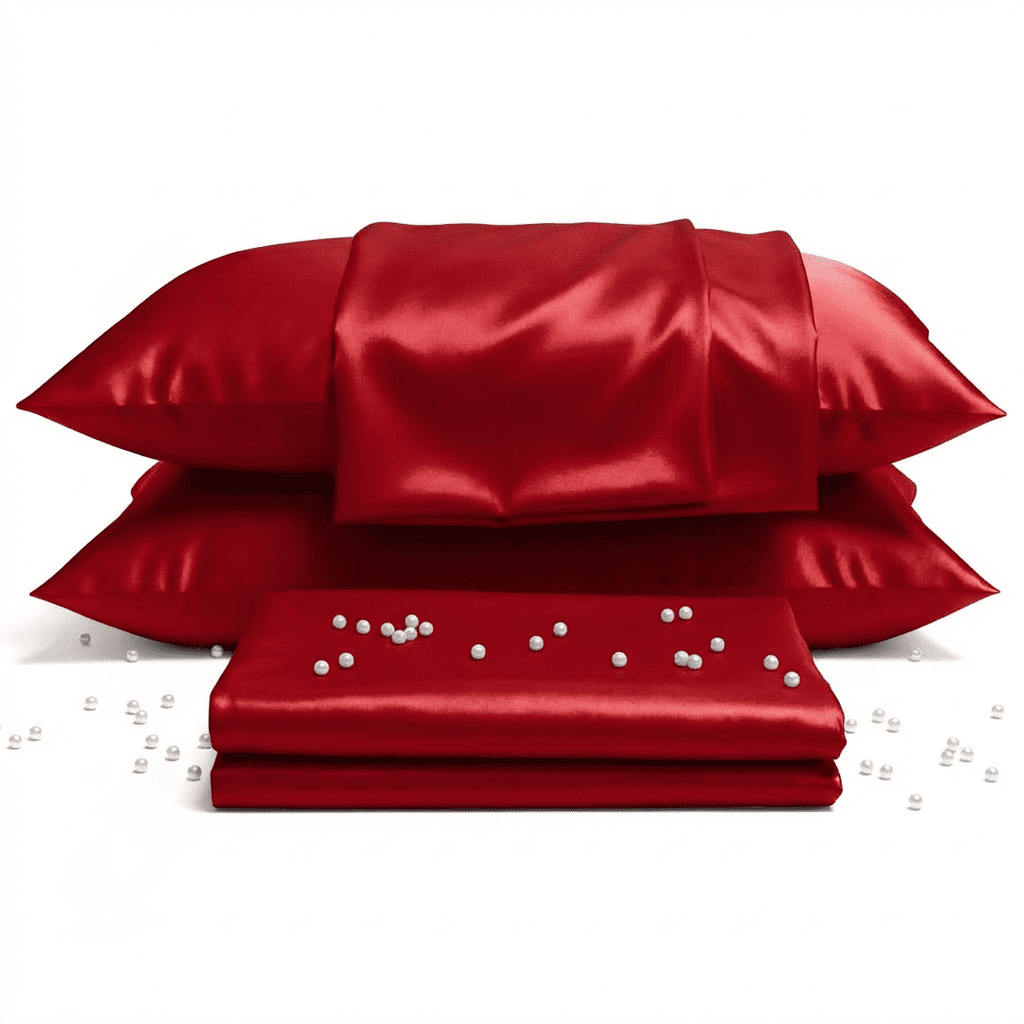Red satin pillowcases with pearls on a white background