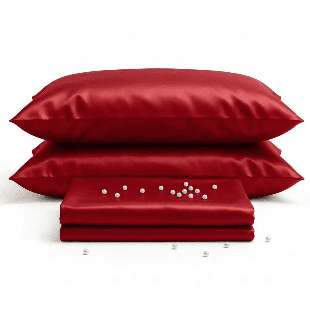 Red satin pillowcases and a folded red satin sheet on a white background