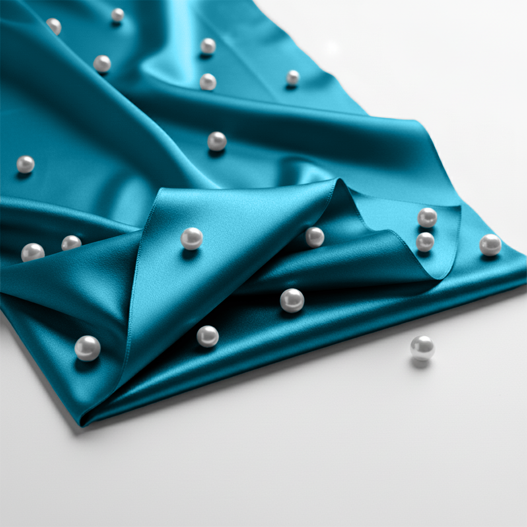 Smooth sea teal satin fabric with a glossy finish, scattered with small white pearls.