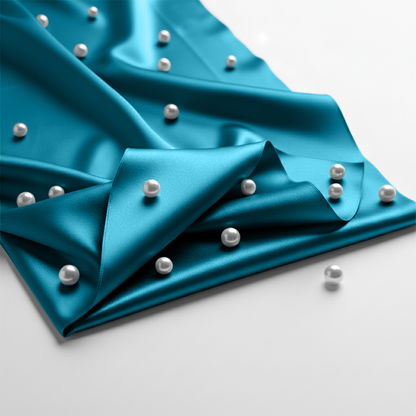 Smooth sea teal satin fabric with a glossy finish, scattered with small white pearls.