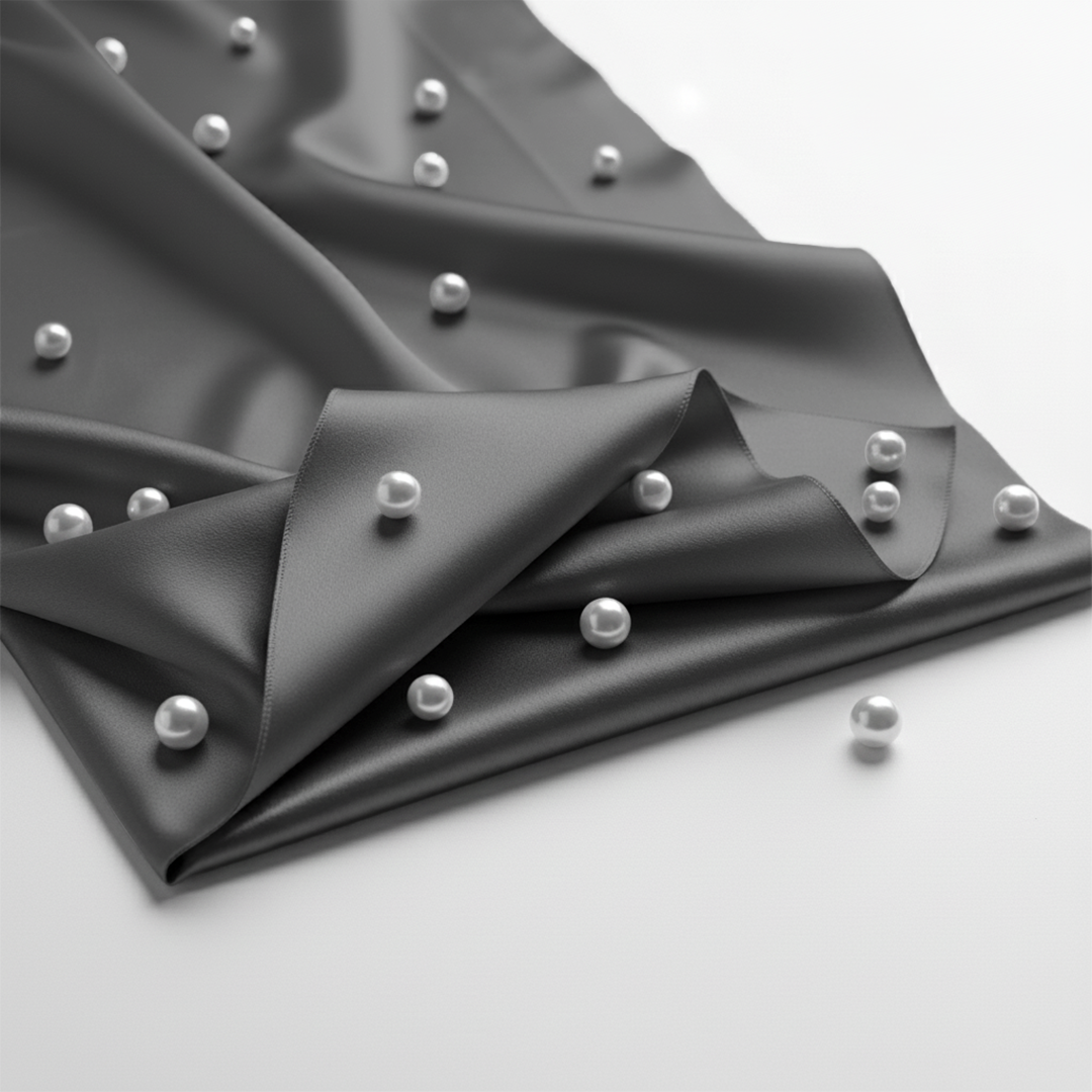Stone grey satin fitted sheet with smooth, glossy texture scattered with small round white pearls.