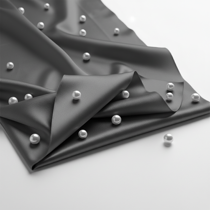 Stone grey satin fitted sheet with smooth, glossy texture scattered with small round white pearls.