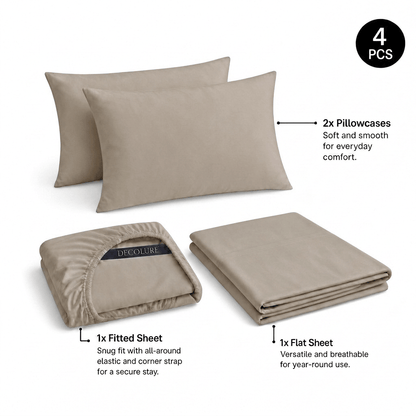 Taupe Decolure sheet set shown as 4 pieces: 2 pillowcases, one folded fitted sheet and one folded flat sheet.