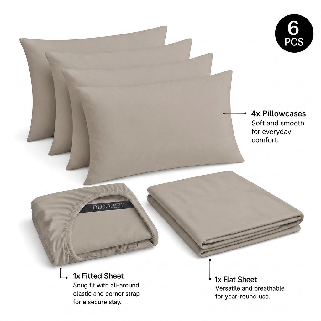 Taupe Decolure sheet set shown as 6 pieces: 4 pillowcases, one folded fitted sheet and one folded flat sheet.