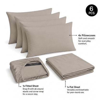 Taupe Decolure sheet set shown as 6 pieces: 4 pillowcases, one folded fitted sheet and one folded flat sheet.