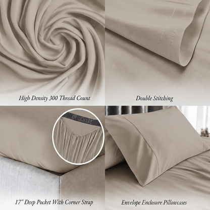 Taupe bedding detail panels show swirled fabric, double stitching, a fitted corner with strap and an envelope pillowcase; labels note 300 thread count and a 17 inch pocket.