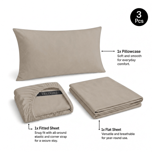 Taupe Decolure sheet set shown as 3 pieces: one pillowcase, one folded fitted sheet and one folded flat sheet.
