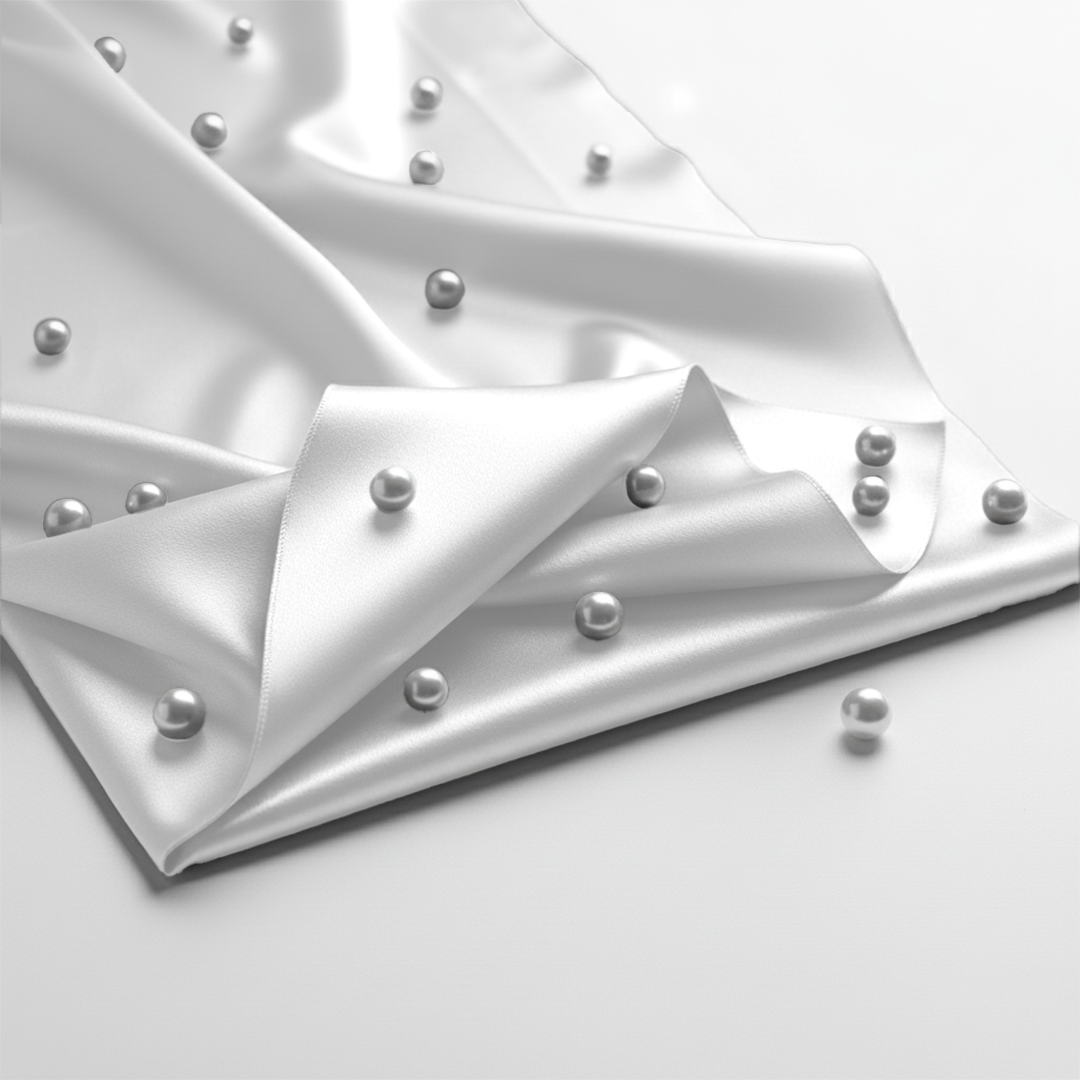 Smooth white satin fitted sheet with scattered small silver beads on a soft surface.