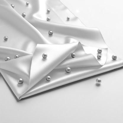Smooth white satin fitted sheet with scattered small silver beads on a soft surface.