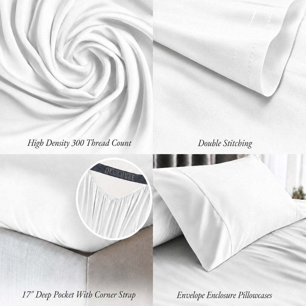 White bedding detail panels show swirled fabric, double stitching, a fitted corner with strap and an envelope pillowcase; labels note 300 thread count and a 17 inch pocket.