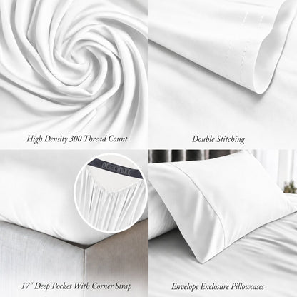 White bedding detail panels show swirled fabric, double stitching, a fitted corner with strap and an envelope pillowcase; labels note 300 thread count and a 17 inch pocket.