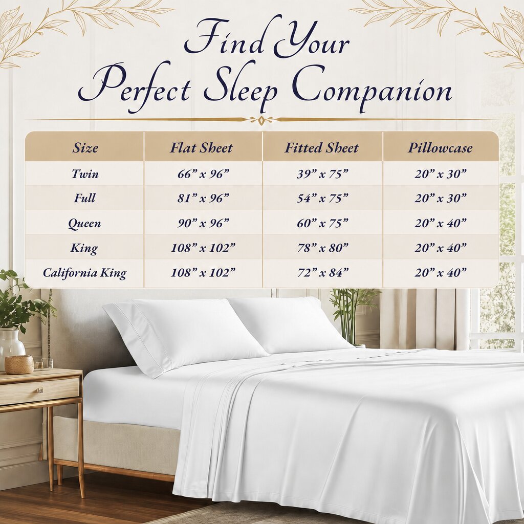 Sheet size chart above a white bed. Listed dimensions in inches, flat sheet / fitted sheet / pillowcase: Twin 66 x 96 / 39 x 75 / 20 x 30; Full 81 x 96 / 54 x 75 / 20 x 30; Queen 90 x 96 / 60 x 75 / 20 x 40; King 108 x 102 / 78 x 80 / 20 x 40; California King 108 x 102 / 72 x 84 / 20 x 40.