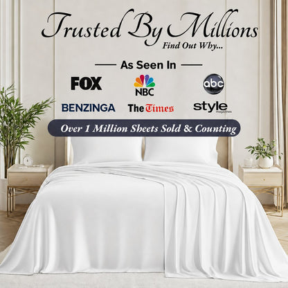 White bedding beneath a graphic reading "Trusted By Millions" and "Over 1 Million Sheets Sold & Counting," with FOX, NBC, ABC, Benzinga, The Times and Style logos.
