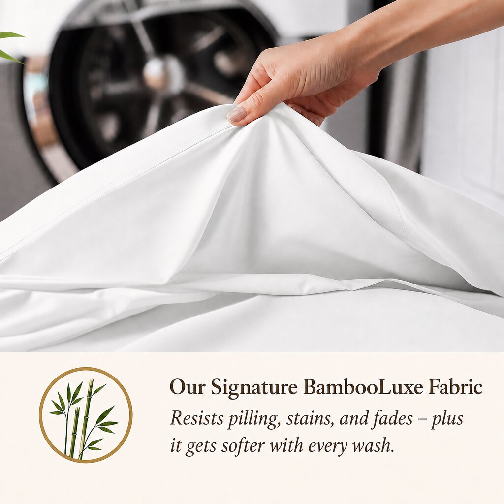 Hand holding a white sheet beside a washing machine; BambooLuxe graphic claims resistance to pilling, stains and fading, and softer fabric with every wash.