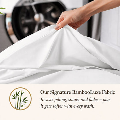 Hand holding a white sheet beside a washing machine; BambooLuxe graphic claims resistance to pilling, stains and fading, and softer fabric with every wash.