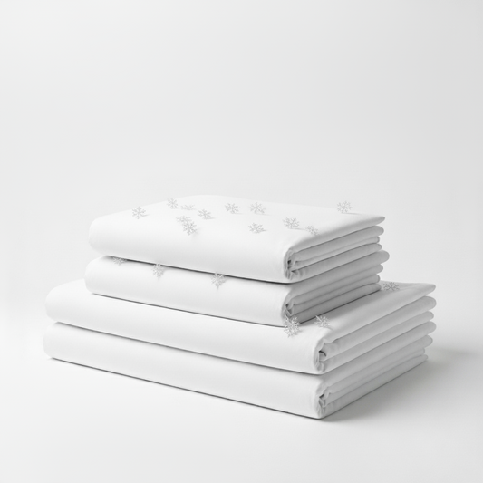 Stack of neatly folded white cooling bed sheets with subtle snowflake cooling symbols on top sheet.