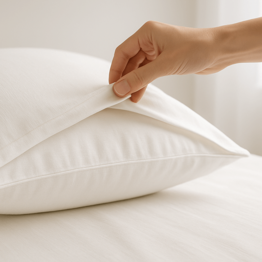 A close-up lifestyle photo of a white bamboo pillowcase with an envelope closure design. A hand gently lifts the flap to show the inner pillow. Bright, clean background with soft natural lighting, minimalistic bedroom feel.